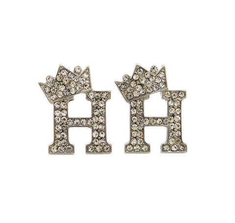 Stone Stud Tilted Crown Initial Pierced Earrings, H/Silver-Tone