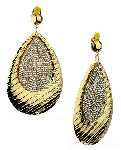 Women's Stone Stud Imprinted Design Teardrop Metal Dangle Clip On Earrings, Gold-Tone