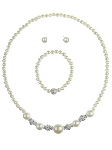 Women's Simulated Pearl with Stone Stud Bead Necklace Bracelet and Earring Set, Gold-Tone