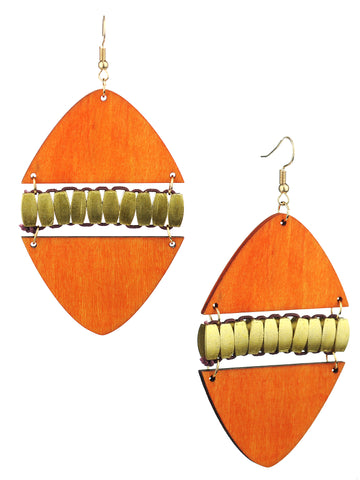 Women's Linked Rounded Diamond Shape Wood Dangle Pierced Earrings, Orange