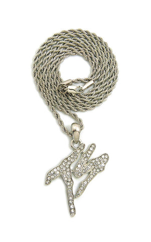 Stone Stud TS Rapper Pendant with 2mm 24" Rope Chain Necklace, Silver-Tone