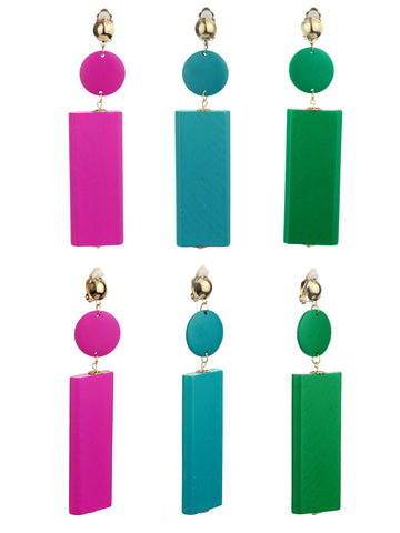 Women's Wood Geometric Round and Rectangular Clip On Earrings Set, Hot Pink/Teal/Green