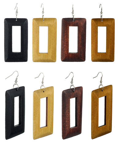 Women's Geometric Open Rectangle Wood Dangle Pierced Earrings 4 Pair Set, Black/Tan/Light Brown/Brown