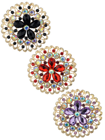 NYFASHION101 Elegant Formal Star Flower Rhinestone Studded Round Brooch Pin Set, Black/Red/Amethyst/Gold-Tone