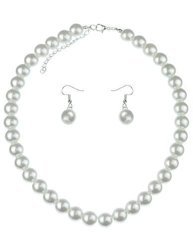 Women's 10mm Simulated Pearl Necklace with Ball Earrings Set