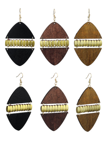 Women's Linked Rounded Diamond Shape Wood Dangle Pierced Earrings Set, Black/Brown/Light Brown