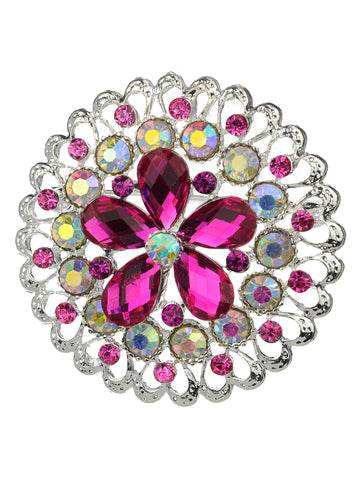 NYFASHION101 Elegant Formal Star Flower Rhinestone Studded Round Brooch Pin, Pink/Silver-Tone