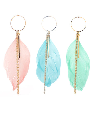 Women's Bohemian Feather Bar Link Chain Dangle Pierced Earrings Set, Light Pink/Light Blue/Mint