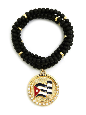 Stone Stud Cuba Waving Flag Medal Pendant with 6mm 30" Wood Bead Color Disc Necklace, Black Wood/Gold-Tone