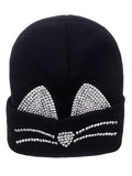 D&Y Women's Winter Silver-Tone Rhinestone Cute Cat Ear and Whisker Cuffed Knit Beanie Hat
