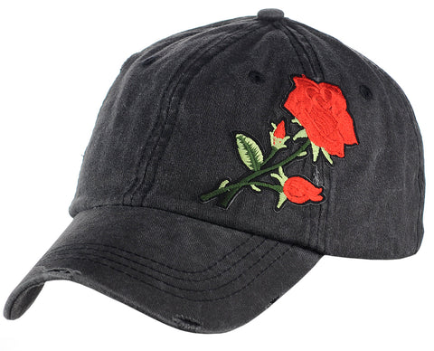 Women's Patched Rose Low Profile Vintage Denim Baseball Dad Cap Hat, Black
