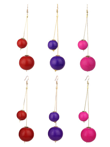 Women's Fashion Dual Wooden Ball Dangle Pierced Earrings Set, Red/Purple/Hot Pink