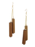 Women's Wood Cylinder Mini Stone Stud Ends Link Chain Dangle Pierced Earrings, Light Brown