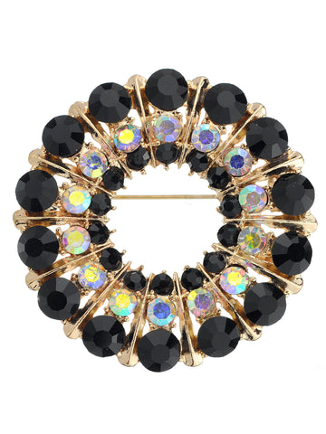 NYFASHION101 Elegant Formal Multi Size Rhinestone Studded Round Brooch Pin, Black/Gold-Tone