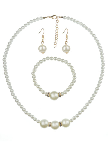 Women's Simulated Pearl with Stone Stud Bead Necklace Bracelet and Dangle Earring Set, Gold-Tone