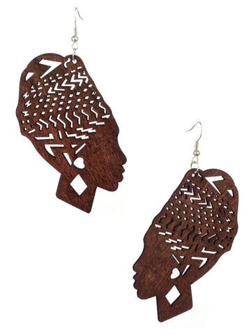Women's Wooden African Woman Turbanista Figure Dangle Pierced Earrings, Brown
