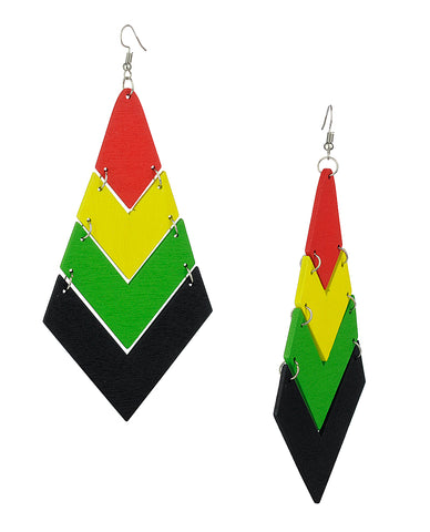 Women's Rasta Linked Shape Wood Pierced Dangle Earrings, Chevron