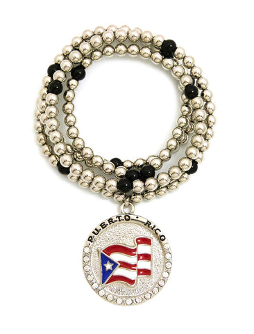 Stone Stud Puerto Rico Waving Flag Medal Pendant with 6mm 30" CCB Bead Necklace, Silver-Tone