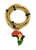 Pan Africa Continent Pendant with 6mm 30" CCB Bead Necklace, Gold-Tone/Power Fist on Pan Africa