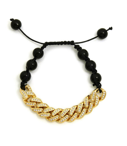Hip Hop Rapper's Style 12mm Iced Out Cuban Link and 10mm Black Stone Bead Adjustable Knotted Bracelet, Gold-Tone, XB445G