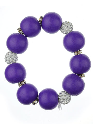 Women's Wood Round Ball Shamballa Fashion Stretch Bracelet, Purple
