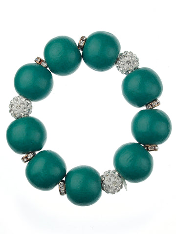 Women's Wood Round Ball Shamballa Fashion Stretch Bracelet, Teal