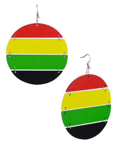 Women's Rasta Linked Shape Wood Pierced Dangle Earrings, Circle