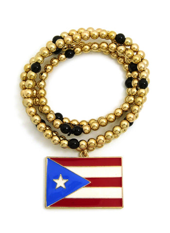 Polished Flag Pendant with 6mm 30" CCB Bead Necklace in Gold-Tone, Puerto Rico