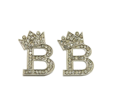 Stone Stud Tilted Crown Initial Pierced Earrings, B/Silver-Tone
