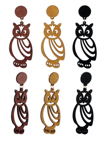Women's Wooden Owl Cut Out Pierced Dangle Earrings Set, Black/Brown/Light Brown