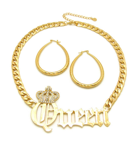 Stone Stud Crowned Queen Pendant Chain Necklace with Teardrop Hoop Earrings Jewelry Set
