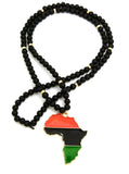 Pan Africa Continent Pendant with  8mm 36" Black Wooden Bead and Metal Disc Necklace, Gold-Tone