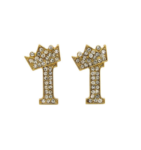 Stone Stud Tilted Crown Initial Pierced Earrings, I/Gold-Tone