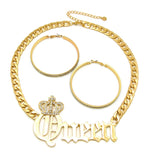 Stone Stud Crowned Queen Pendant Chain Necklace with Rhinestone Hoop Earrings Jewelry Set