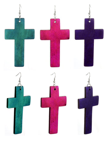 Women's Smooth Wooden Cross Dangle Pierced Earrings Set, Teal/Magenta/Purple