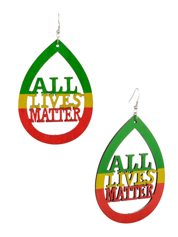 Women's Rasta Slogan All Lives Matter Wood Teardrop Dangle Pierced Earrings