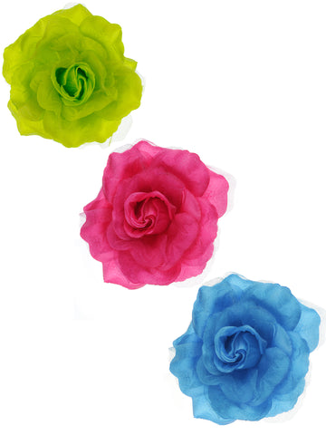 Women's Multifunction Rose Flower Sheer Petal Brooch Pin Hair Tie Clip Set of 3, Lime/Hot Pink/Turquoise