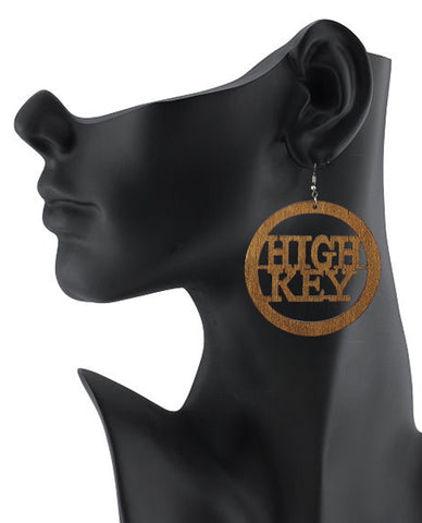 Women's High Key Low Key Phrase Encircled Wood Dangle Pierced Earrings, Light Brown