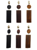Women's Wood Geometric Round and Rectangular Clip On Earrings Set, Black/Brown/Light Brown
