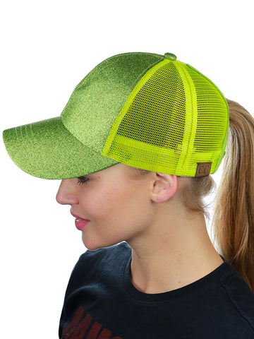 C.C Ponycap Messy High Bun Ponytail Adjustable Glitter Mesh Trucker Baseball Cap, Lime