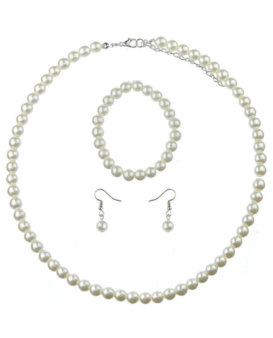 Women's 7mm Simulated Pearl Necklace with Stretch Bracelet and Ball Earrings