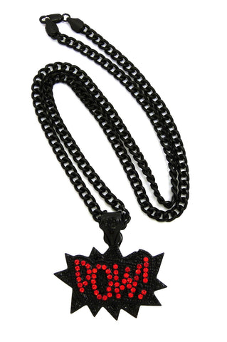 Stone Stud POW! Pendant with 5mm 24" Cuban Chain Necklace in Black, Red Stone