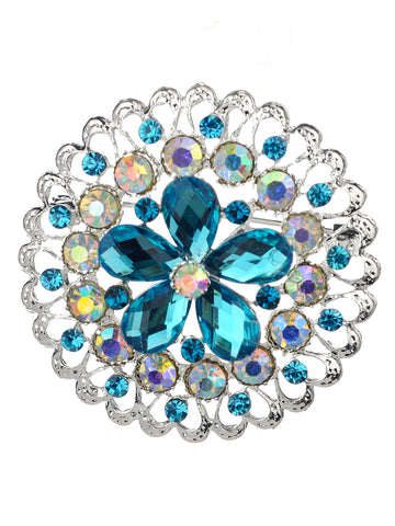 NYFASHION101 Elegant Formal Star Flower Rhinestone Studded Round Brooch Pin, Turquoise/Silver-Tone