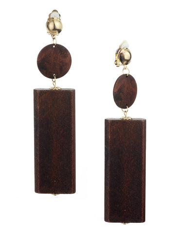 Women's Wood Geometric Round and Rectangular Clip On Earrings, Brown