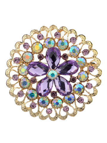 NYFASHION101 Elegant Formal Star Flower Rhinestone Studded Round Brooch Pin, Amethyst/Gold-Tone