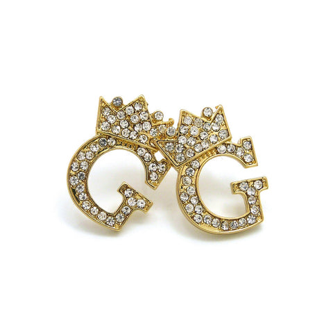 Stone Stud Tilted Crown Initial Pierced Earrings, G/Gold-Tone