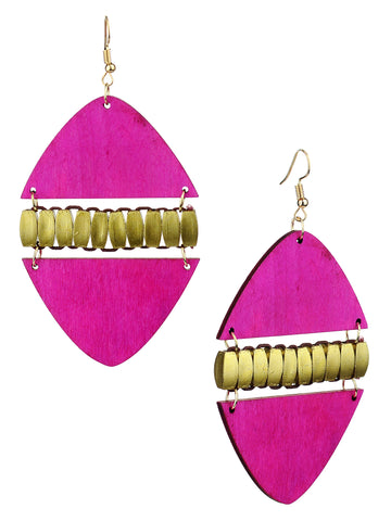 Women's Linked Rounded Diamond Shape Wood Dangle Pierced Earrings, Hot Pink