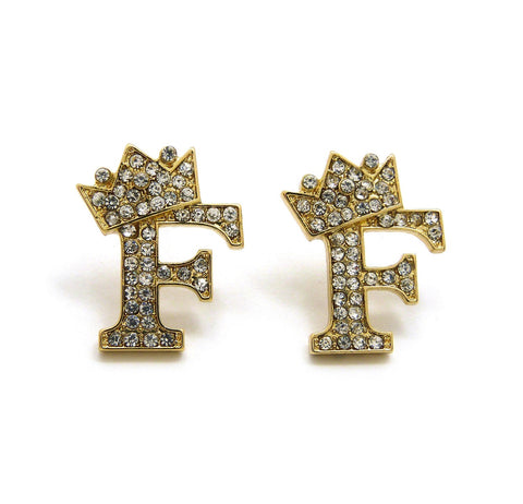 Stone Stud Tilted Crown Initial Pierced Earrings, F/Gold-Tone