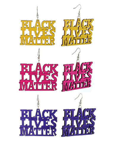 Women's Afrocentric Black Lives Matter Wood Dangle Pierced Earrings Set, Yellow/Fuchsia/Purple