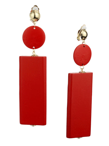 Women's Wood Geometric Round and Rectangular Clip On Earrings, Red